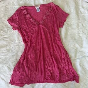 Vintage Y2K Guess Hot Pink Top Beaded Lace Trim Babydoll Feminine Tie Waist